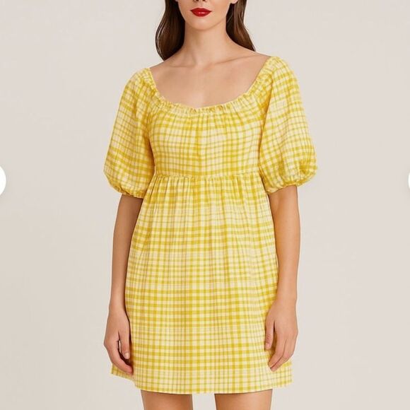 Lush Puff Sleeve Sunshine Plaid Gingham Mini Dress in Yellow - Picture 2 of 6